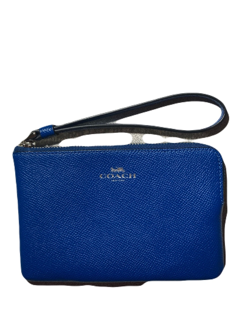Coach Corner Zip Wristlet F58032 True Blue Crossgrain Leather Silver-Tone Logo